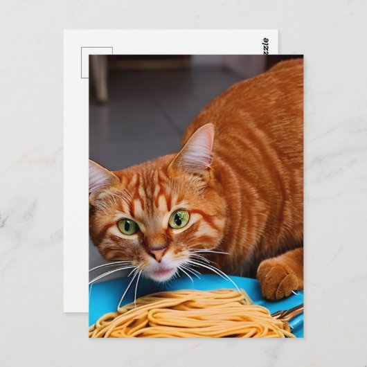 Ginger Cat Eating Spaghetti Postkarte (Vorne/Hinten)