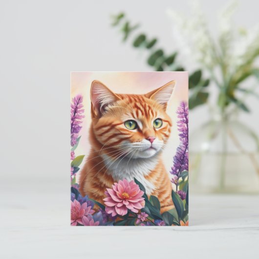 Ginger Cat Floral Multicolor Art Postkarte (Stehend Vorderseite)