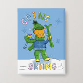 Ginger Cat Going Skiing Blue Rectangular Button (Vorderseite)