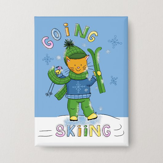 Ginger Cat Going Skiing Blue Rectangular Button (Vorderseite)