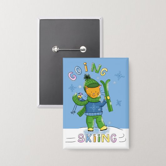 Ginger Cat Going Skiing Blue Rectangular Button (Vorderseite/Rückseite)