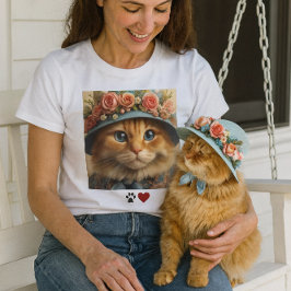 Ginger Cat in Blue Hat mit Blume Cat Lover T-Shirt
