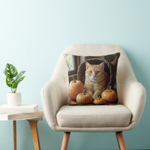 Ginger Cat In einem Erntedank Cornucopia Kissen