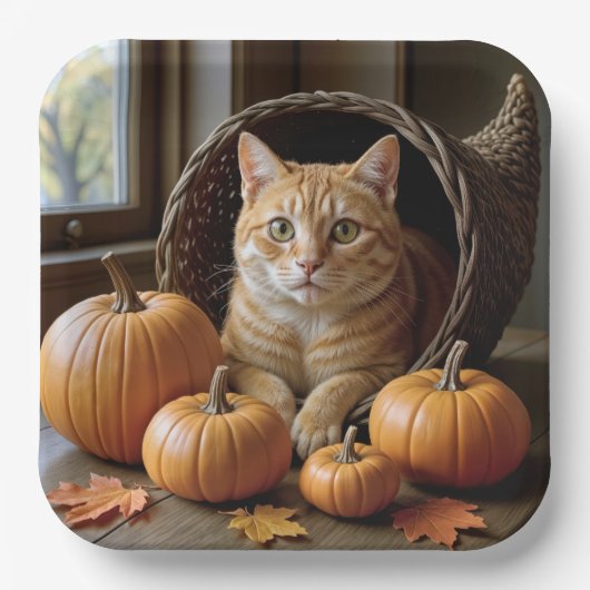 Ginger Cat In einem Erntedank Cornucopia Pappteller (Vorderseite)