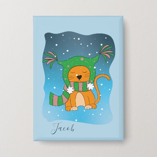 Ginger Cat In The Snow Blue Kid Winter Button (Vorderseite)