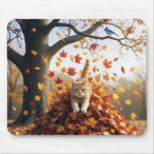 Ginger Cat Leaping Out of Herbst Leaf Pile Mousepad (Vorne)