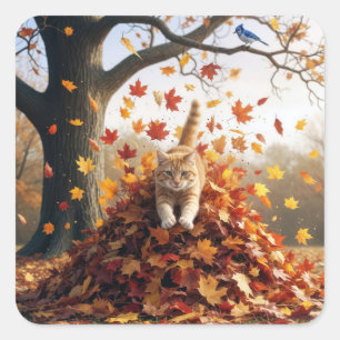 Ginger Cat Leaping Out of Herbst Leaf Pile Quadratischer Aufkleber