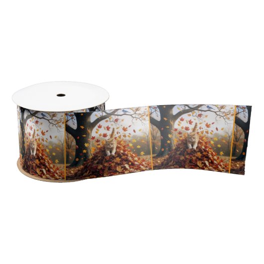 Ginger Cat Leaping Out of Herbst Leaf Pile Satinband (Spule)