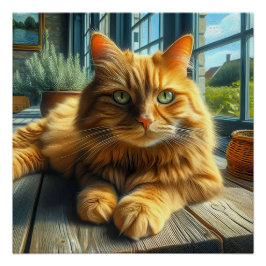Ginger Cat Lounges on a Table By a Window Poster