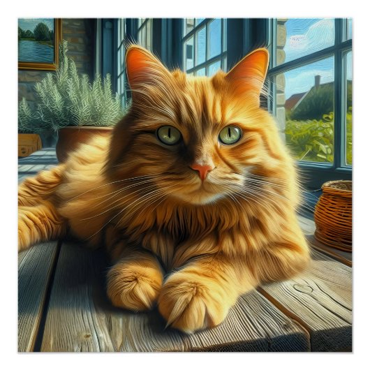 Ginger Cat Lounges on a Table By a Window Poster (Vorderseite)