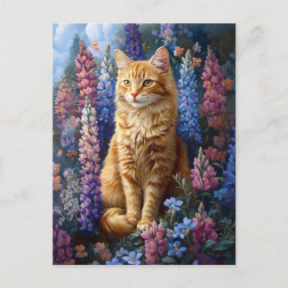 Ginger Cat Lupine Field Painting Postkarte