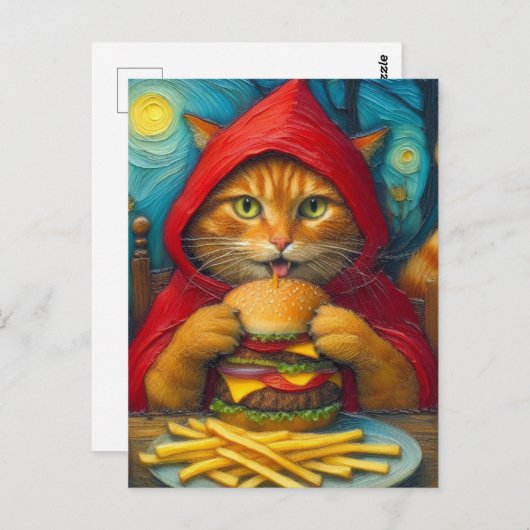 Ginger Cat mit Cheeseburger und Fries Postkarte (Vorne/Hinten)