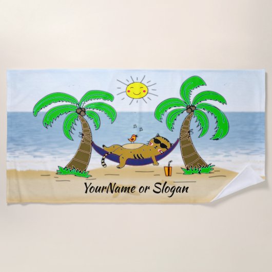Ginger Cat on Hammock mit Palm Trees Sand & Ocean Strandtuch (Vorderseite)