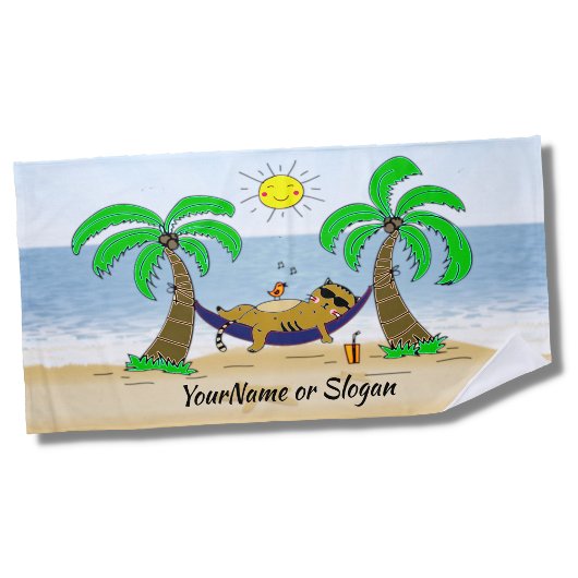 Ginger Cat on Hammock mit Palm Trees Sand & Ocean Strandtuch