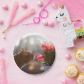 Ginger Cat Sniffing a Red Blume Pappteller (Party)