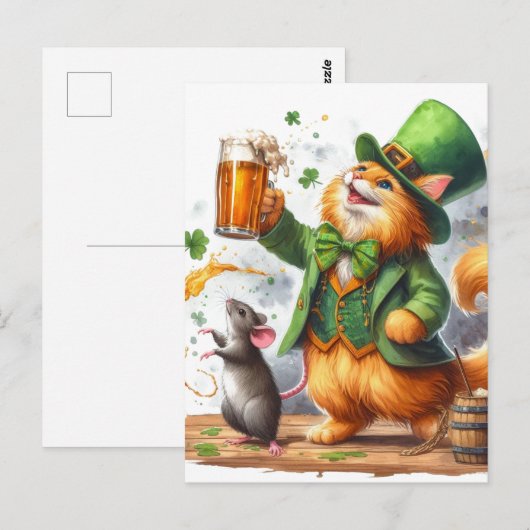 Ginger Cat und eine Maus mit Bier Postkarte (Vorne/Hinten)
