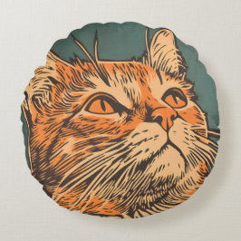 Ginger Cat Vintag Lino Print Round Cushion Rundes Kissen