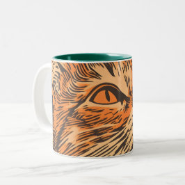 Ginger Cat Vintag Lino Print Zweifarbige Tasse