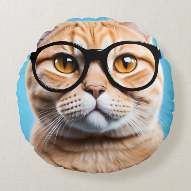 Ginger Cat Wearing Glasses Rundes Kissen (Vorderseite)
