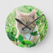 Ginger Cat with Green Eyes in Grass Runde Wanduhr (Vorderseite)