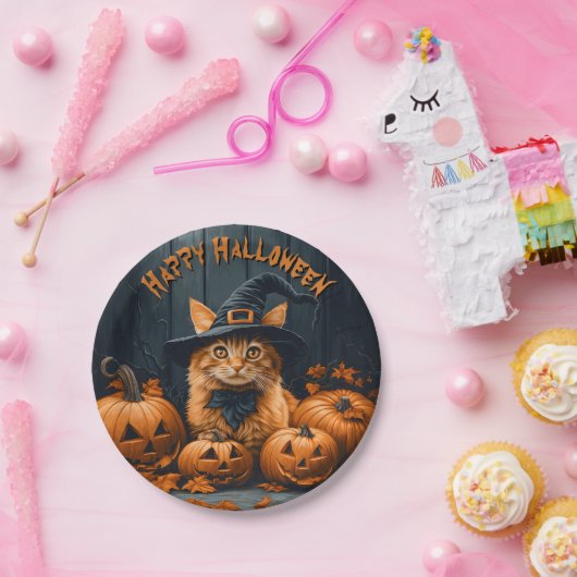 Ginger Cat with Pumpkins Halloween Pappteller (Party)