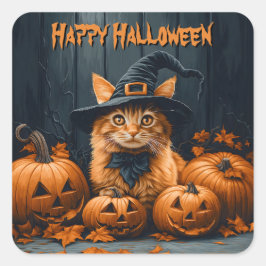 Ginger Cat with Pumpkins Halloween Quadratischer Aufkleber