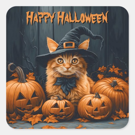 Ginger Cat with Pumpkins Halloween Quadratischer Aufkleber (Vorderseite)