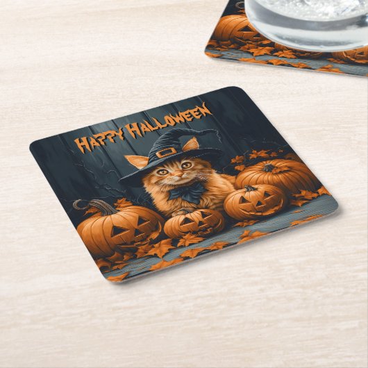 Ginger Cat with Pumpkins Halloween Rechteckiger Pappuntersetzer (angewinkelt)