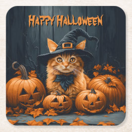 Ginger Cat with Pumpkins Halloween Rechteckiger Pappuntersetzer