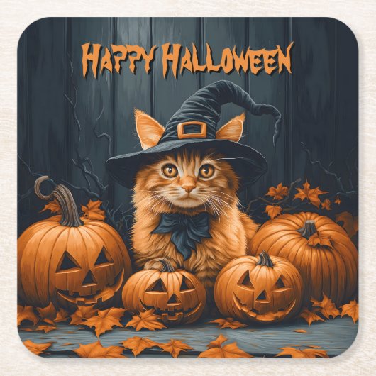 Ginger Cat with Pumpkins Halloween Rechteckiger Pappuntersetzer (Vorderseite)