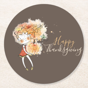 Ginger Girl mit Pumpkin-Erntedank Runder Pappuntersetzer