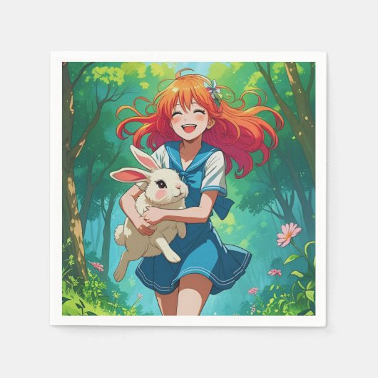 Ginger-haarige Anime Girl mit ihrem Bunny Serviette (Vorderseite)