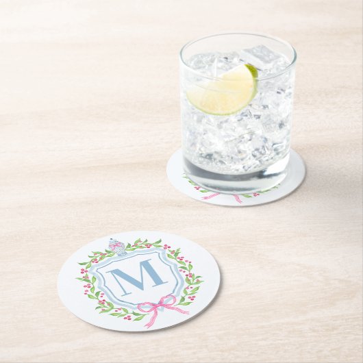 Ginger Jar & Christmas Berries Monogram Runder Pappuntersetzer (Vor Ort)