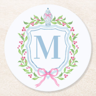 Ginger Jar & Christmas Berries Monogram Runder Pappuntersetzer