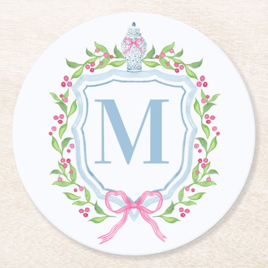 Ginger Jar & Christmas Berries Monogram Runder Pappuntersetzer (Vorderseite)