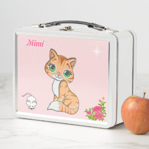 Ginger Kätzchen, Blume, Maus & Stern auf rosa Metall Brotdose