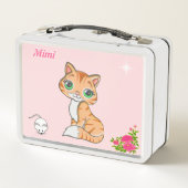 Ginger Kätzchen, Blume, Maus & Stern auf rosa Metall Brotdose (Rückseite)