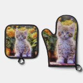 Ginger Kitten im Blumengarten Ofenhandschuh & Topflappen-Set (Vorderseite)