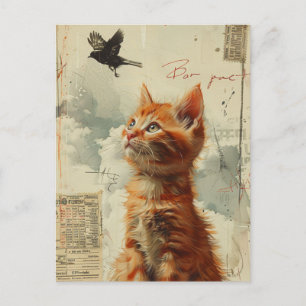 Ginger Kitten mit Black Bird Mixed Media Postkarte