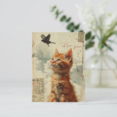 Ginger Kitten mit Black Bird Mixed Media Postkarte (Stehend Vorderseite)