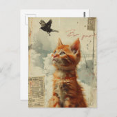 Ginger Kitten mit Black Bird Mixed Media Postkarte (Vorne/Hinten)
