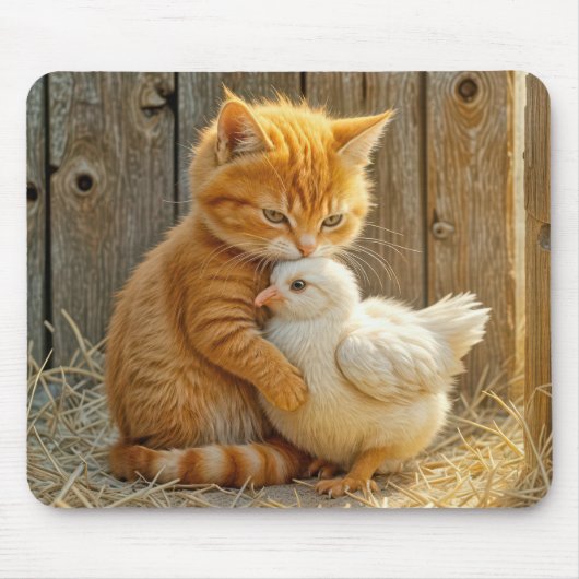 Ginger Kitten umarmt ein Baby Chick Mousepad (Vorne)