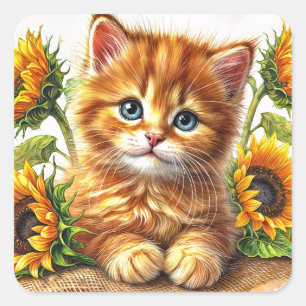 Ginger Kitten Unter den Sonnenblumen Kunst Quadratischer Aufkleber