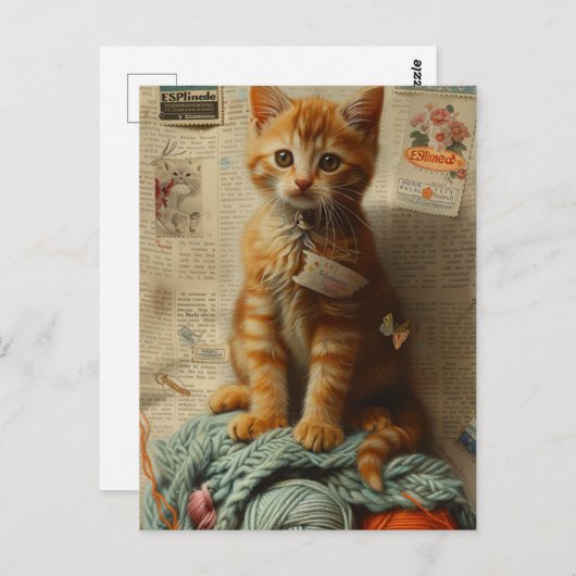 Ginger Kitten Yarn Collage Mixed Media Postkarte (Vorne/Hinten)