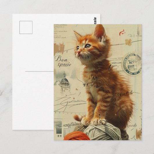 Ginger Kitten Yarn Collage Mixed Media Postkarte (Vorne/Hinten)