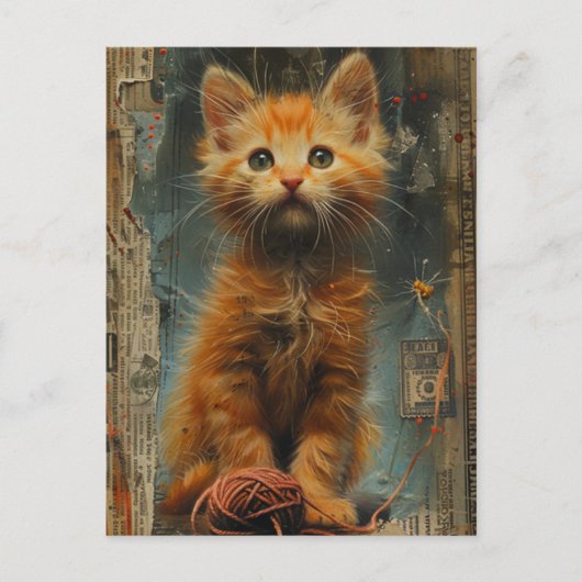 Ginger Kitten Yarn Collage Mixed Media Postkarte (Vorderseite)