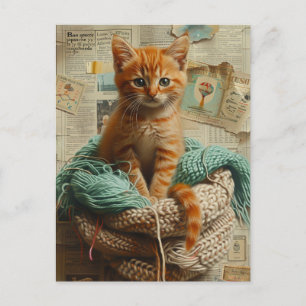 Ginger Kitten Yarn Collage Mixed Media Postkarte