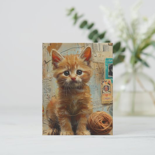 Ginger Kitten Yarn Collage Mixed Media Postkarte (Stehend Vorderseite)
