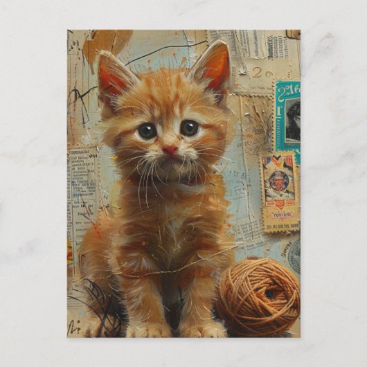 Ginger Kitten Yarn Collage Mixed Media Postkarte (Vorderseite)