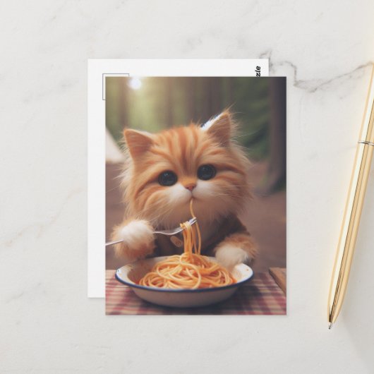 Ginger Kitty Eats Spaghetti Postkarte (Vorderseite/Rückseite Beispiel)